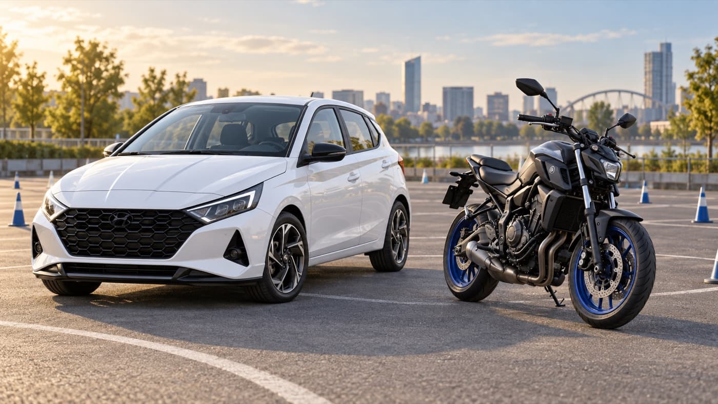 Beyaz Hyundai i20 ve Yamaha MT-07 motosikletinin birlikte yer aldığı temsili görsel